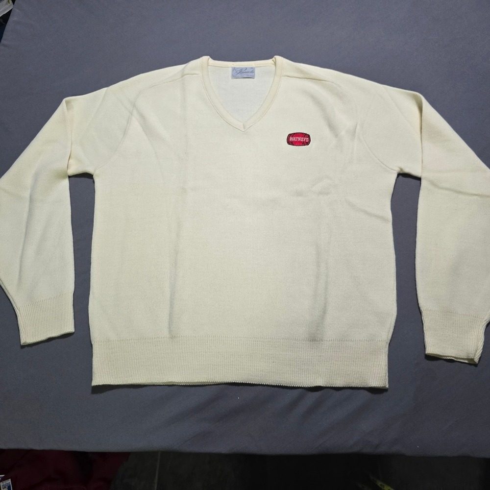Pinnacle V-Neck Sweater Mens XL Cream Vintage Watneys Beer Logo Made in USA